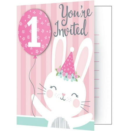 Creative Converting Birthday Bunny Invitation Foldover W/ Attachment, 1st Bday, 8
