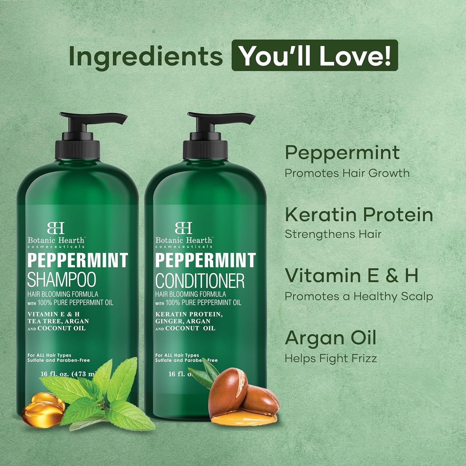 Botanic Hearth Peppermint Oil Shampoo and Conditioner Set with Keratin, Sulfate-Free Hair Care for Men and Women, 16 fl oz Each