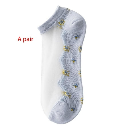 

Korean Female Summer Glass Fiber Boat Socks Floral Jacquard Breathable Rhombus Mesh Cotton Bottom Short Hosiery