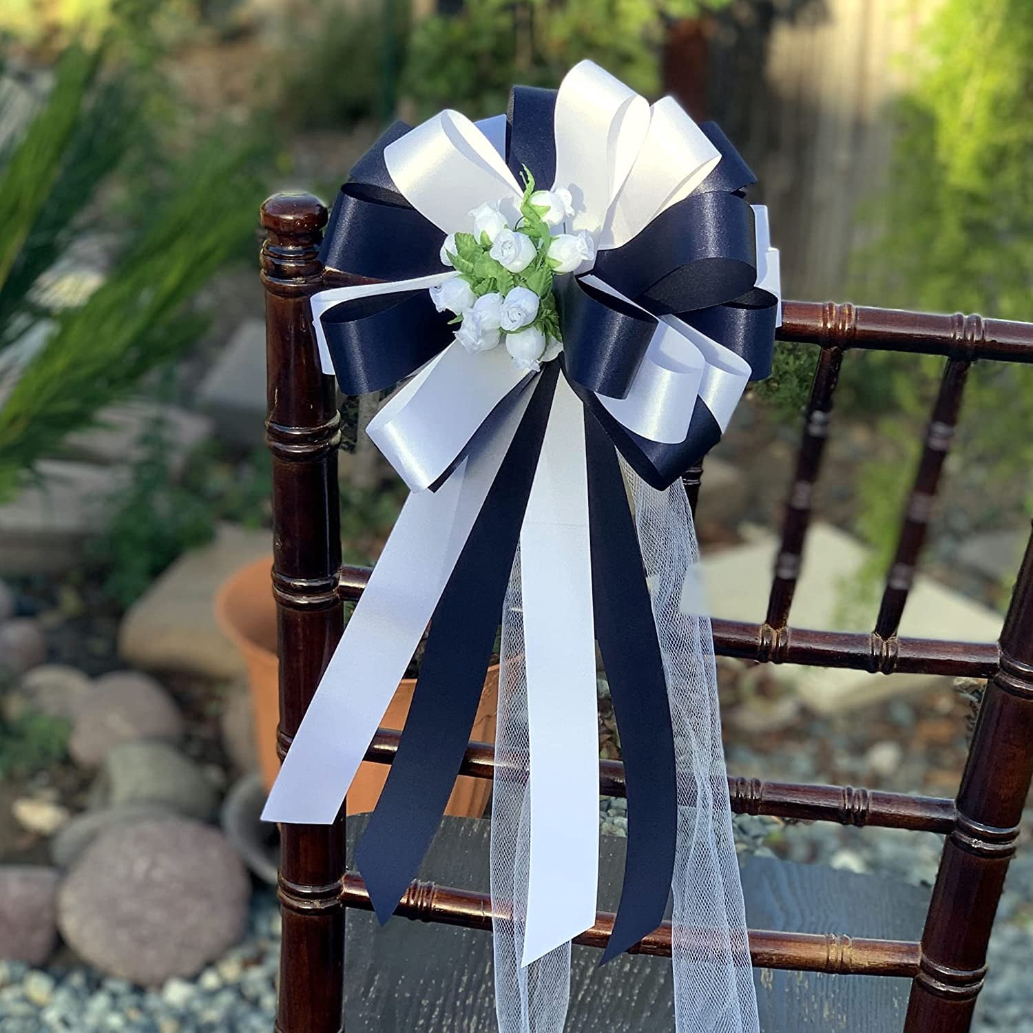 Navy Blue and White Wedding Pull Bows with Tulle Tails and Rosebuds - 8" Wide, Set of 6, Wedding Pew Bows, Aisle Decoration. Reception, Anniversary