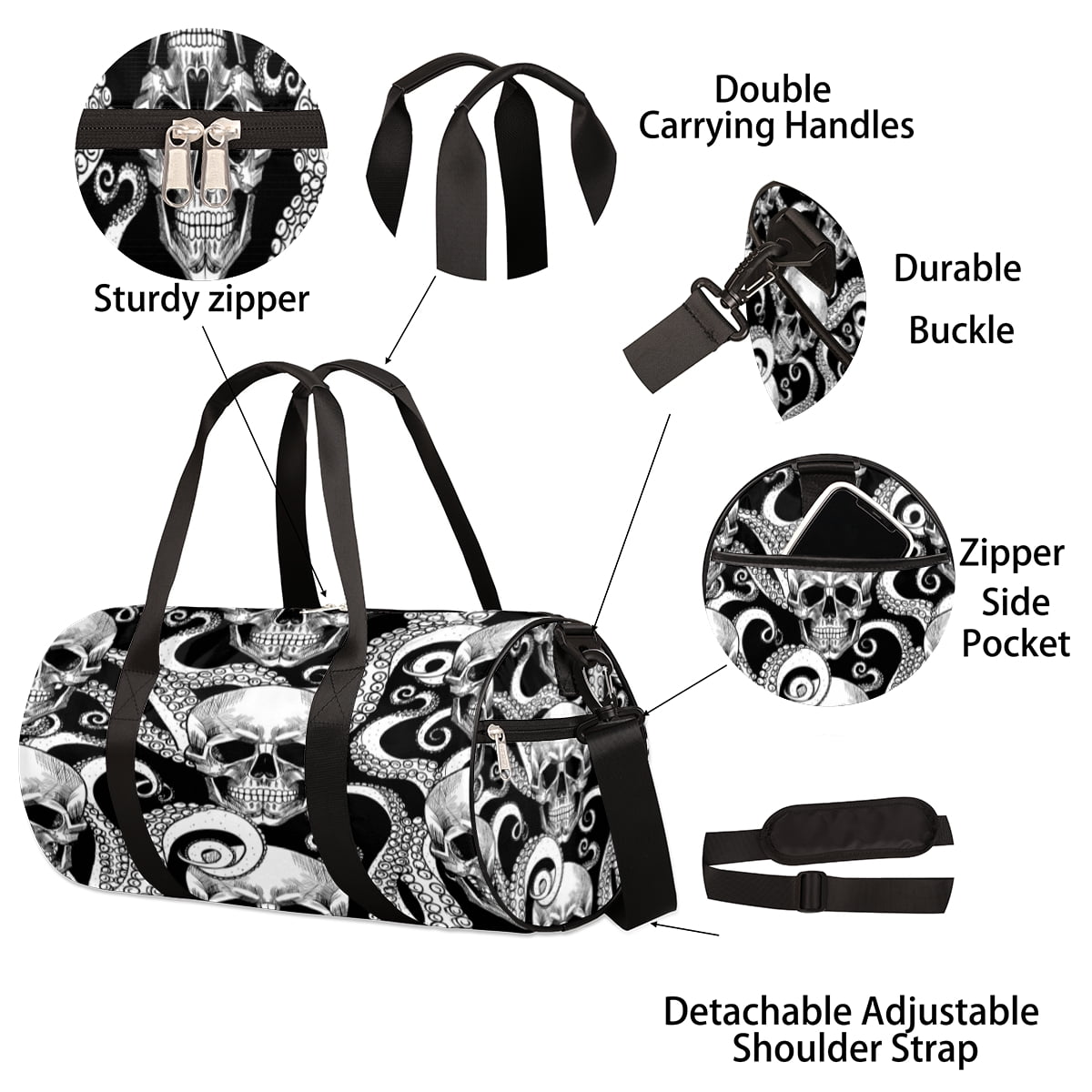 Octopus Skull Travel Sport Duffle Bag,Canvas Shoulder Tote Gym Bags for Overnight Weekender Dancing Yoga Gymnastics Ballet