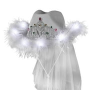 Light Up White Tiara Bridal Cowgirl Hat with Veil for Bachelorette and Bridal Party