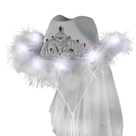 Light Up White Tiara Bridal Cowgirl Hat with Veil for Bachelorette and Bridal Party