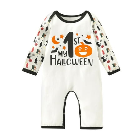 

Seyurigaoka Baby Girls Boys Halloween Playsuits Letter Pumpkin Stars Moon Bat Cat Print Romper Tops Round Neck Long Sleeve Jumpsuit