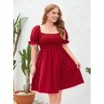 thumbnail image 5 of Plus Size Women Casual Dress Square Neck Puff Sleeve Smocked Waist Flowy Short Dress for Vacation Wine Red L, 5 of 10