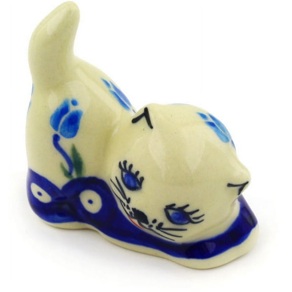 Polish Pottery 2½-inch Cat Figurine (Floral Peacock Theme) Hand Painted in Boleslawiec, Poland   Certificate of Authenticity