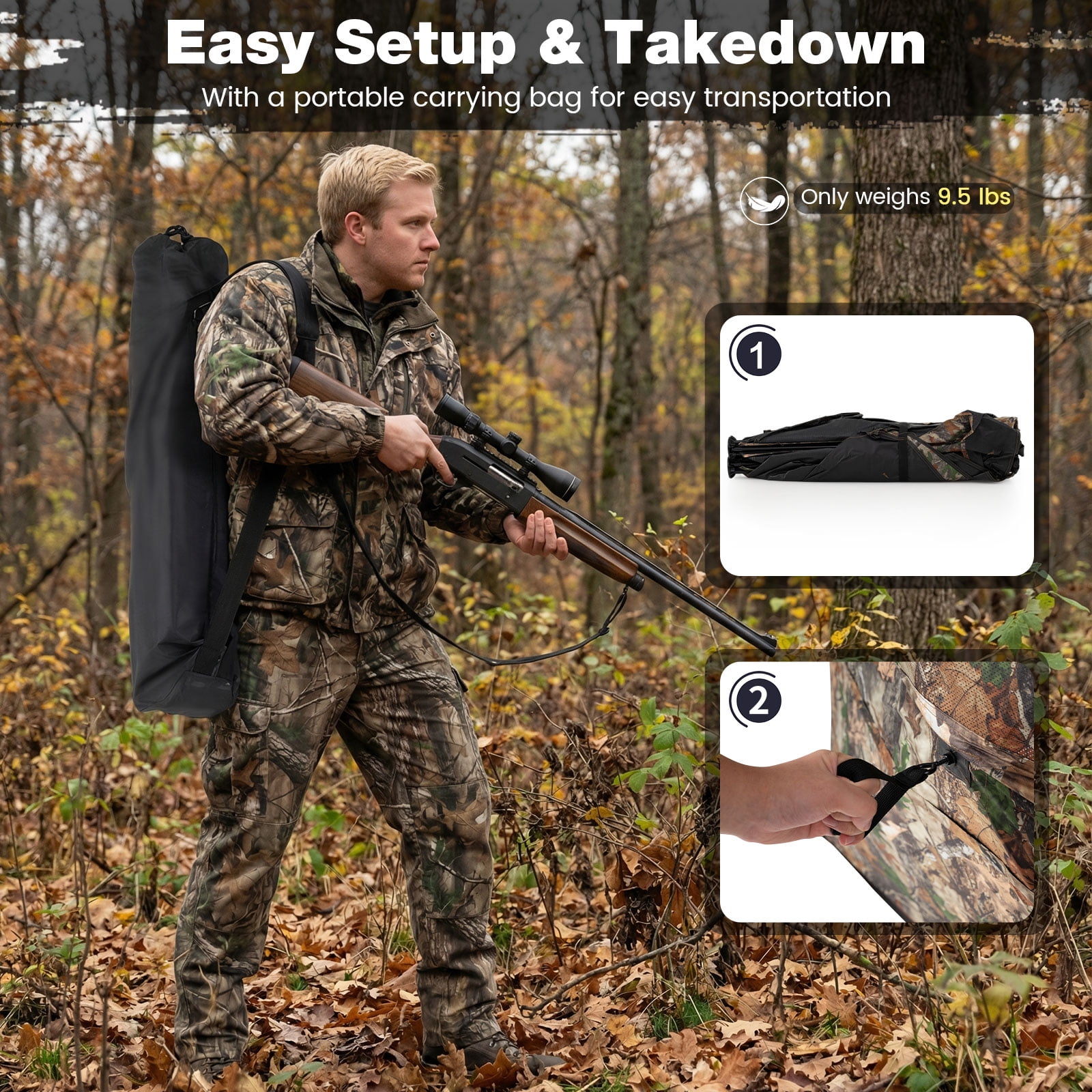 Gymax 360 Degree One-Way See-Through Hunting Blind Panel w/Dog Door Carrying Bag Camouflage
