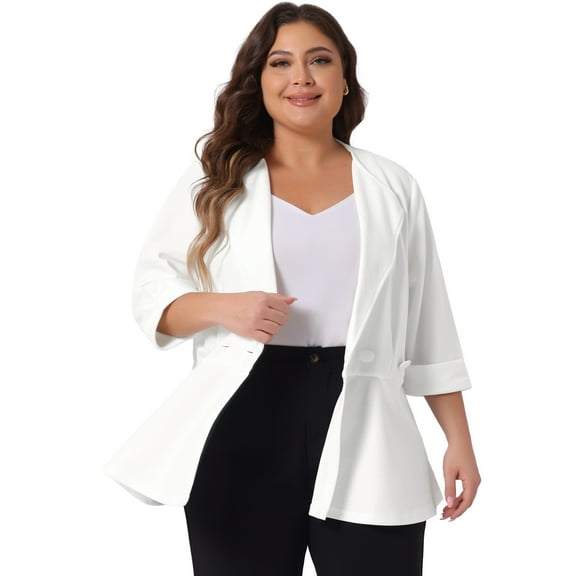 DARING DIVA Women's Plus Ruffle V Neck Business Button Ruched Blazer White 1X