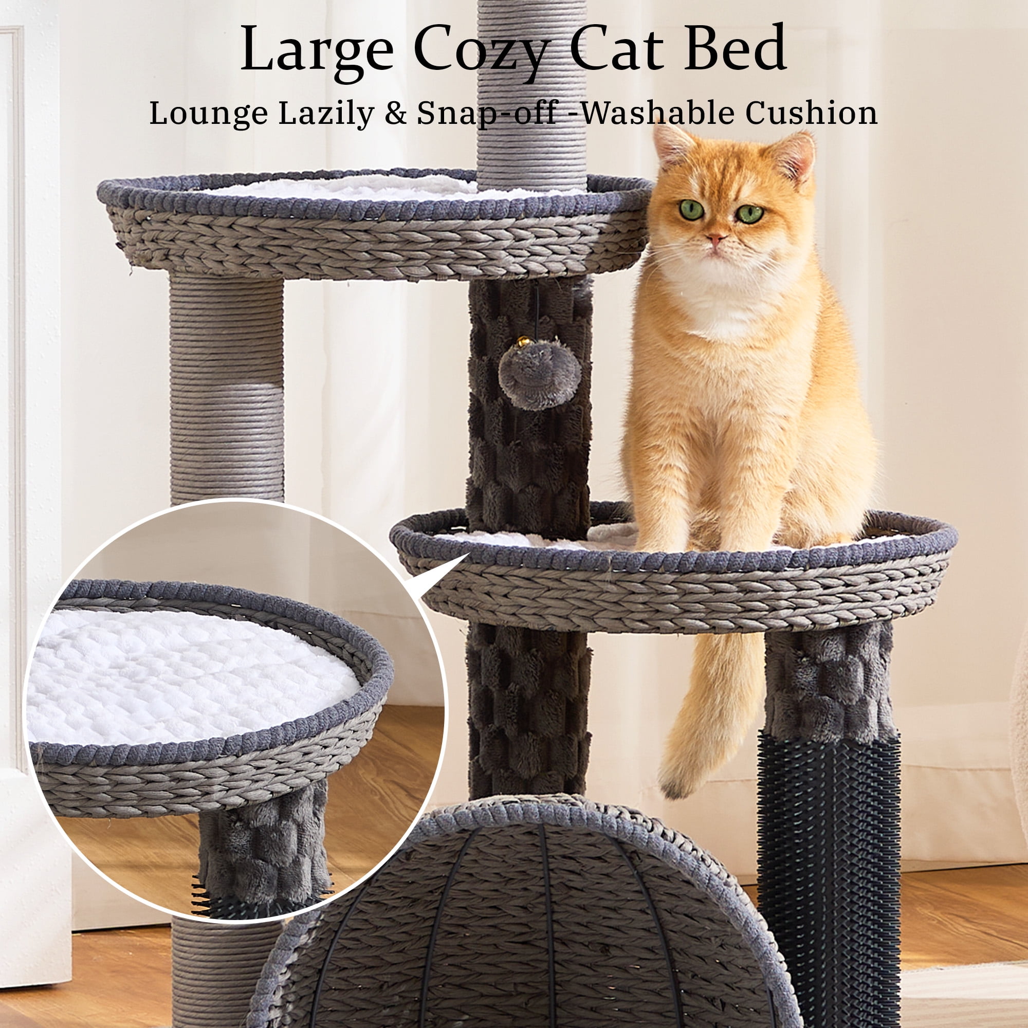 Wood Modern Cat Tree for Large Cat, 46" Tall Cat Tower with Sisal Scratching Posts, Cat Condo, Aesthetic Multi-Level Cat Climbing Tree with Hand-Woven Bed for Adult Indoor Cats-Blue
