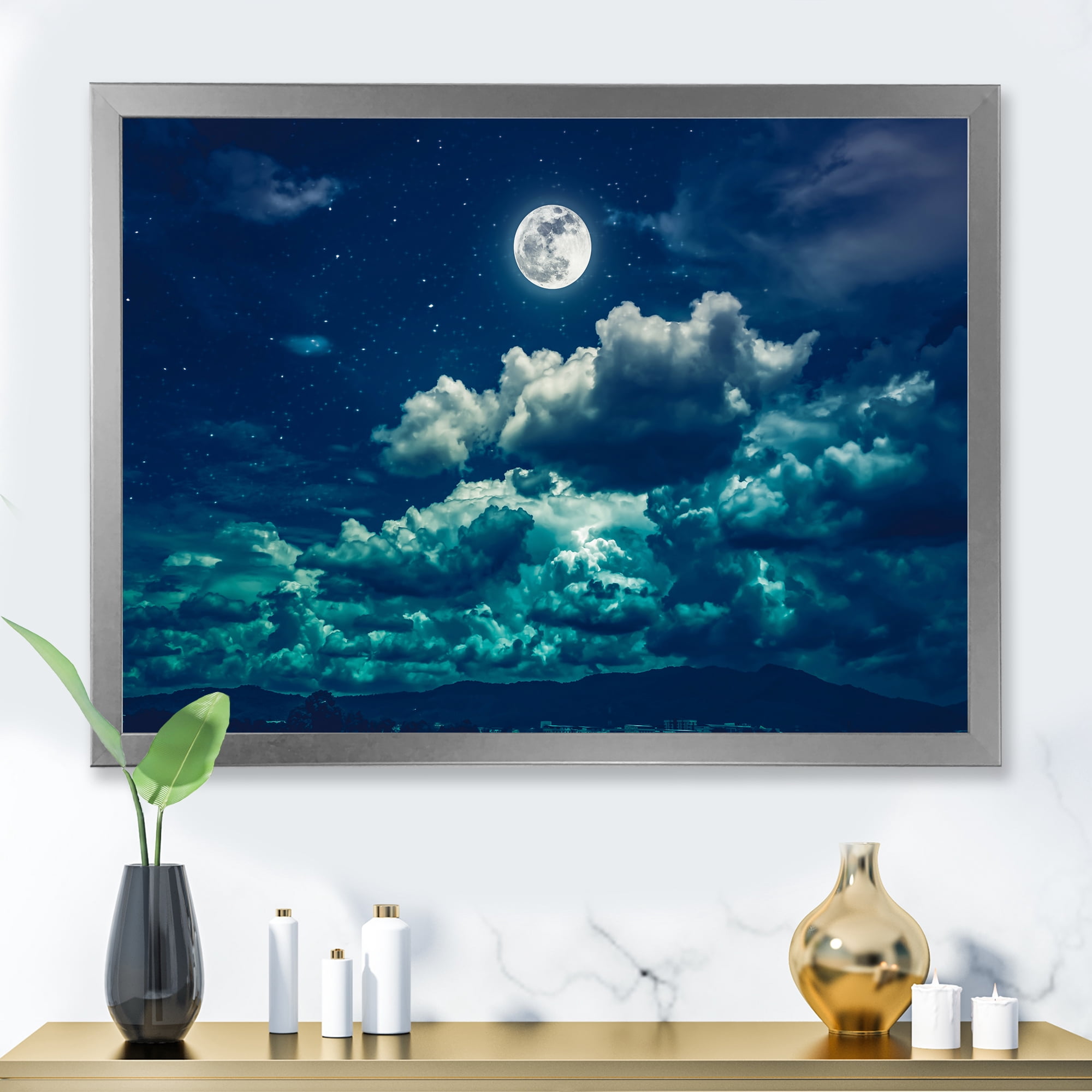 Designart 'Full Moon Night in Cloudy Sky II' Nautical & Coastal Framed Art Print