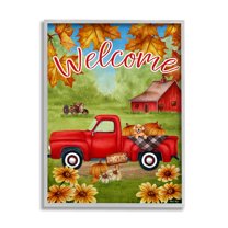 Stupell Home Décor Industries Welcome Red Farm Truck Autumn Leaves Gray Framed Design by Sheri Hart