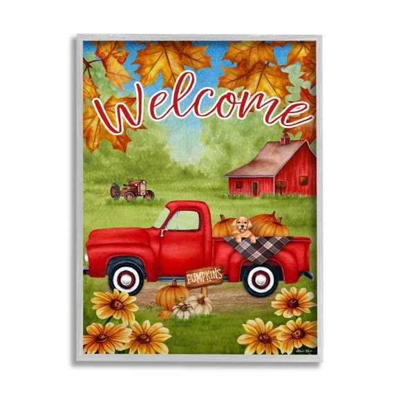 Stupell Home Décor Industries Welcome Red Farm Truck Autumn Leaves Gray Framed Design by Sheri Hart