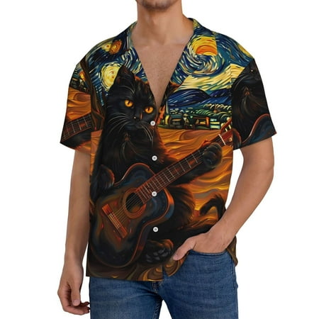 Fuzoiu Starry Night Cat Guitarist A Print Men s Casual Short Men s Short Sleeve Shirt Mens Casual Button Down Shirts Cuban Collar Summer Shirt for Beach Vacation and Outdoor Activities-3X-Large