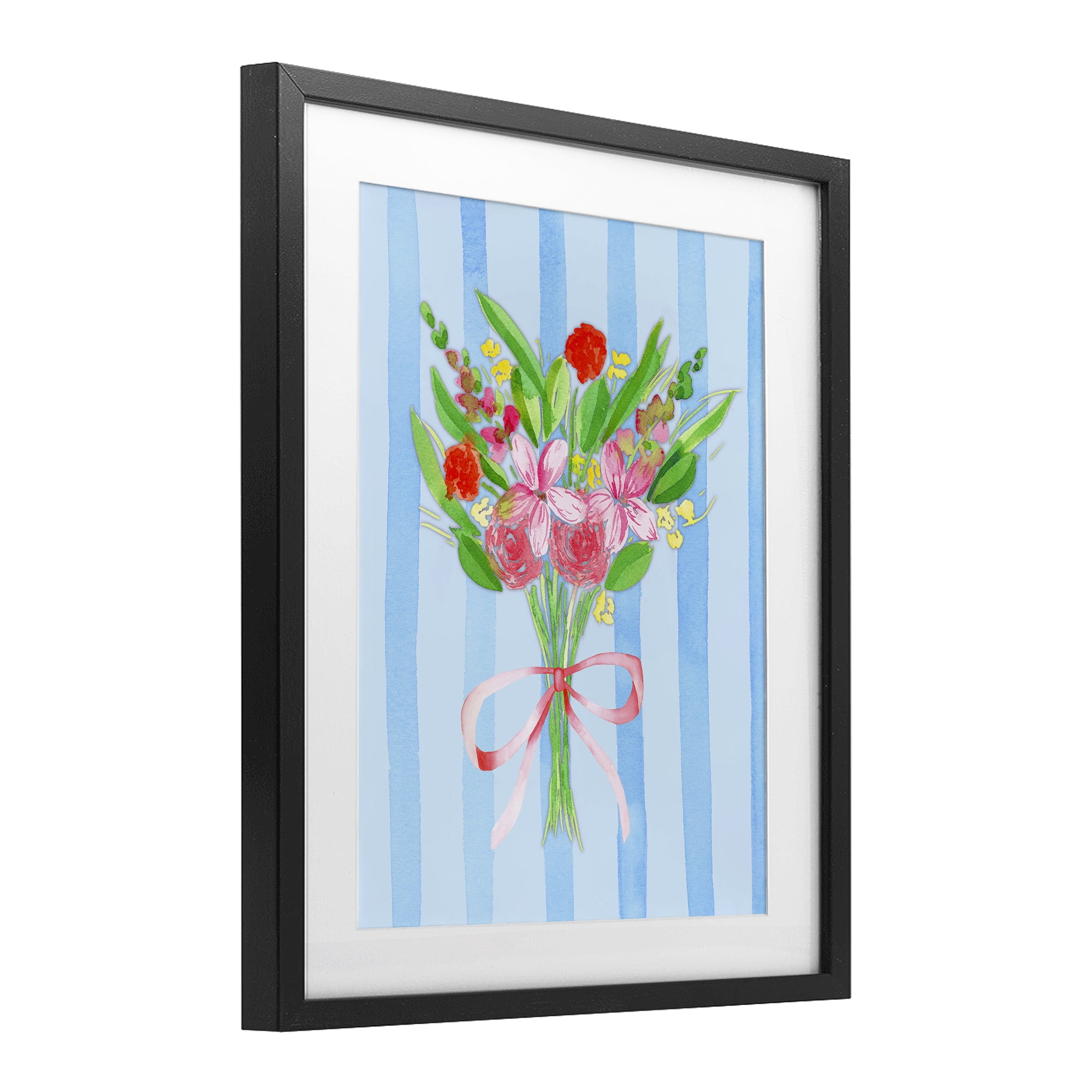 Blue and Pink Bouquet & Bow Black Framed Print Under Glass, design by Nina Jacobs