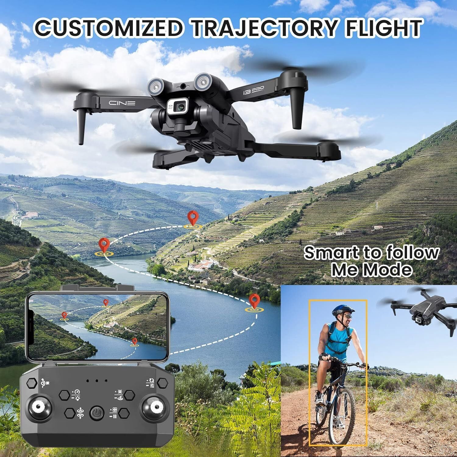 TOPCHANCES I3 PRO FPV Drone with 4K Dual Cameras, RC Quadcopter for Kids Adults with Altitude Hold, One Key Landing, Obstacle Avoidance, Headless Mode, 2 Batteries (Black)