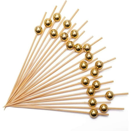 

100 Pcs Cocktail Picks Cocktail Toothpicks for Appetizers Fruit Sticks Handmade Wooden Cocktail Skewers Party Supplies - Matt Gold Pearl