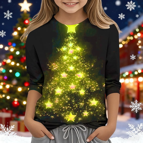 BaoFuBaoMei Boys Girls Graphic Tees Long Sleeve Christmas Christmas Tree Pullover Shirt Slim Crew Neck Fall Clothing for Christmas Dinner Vacation Holiday