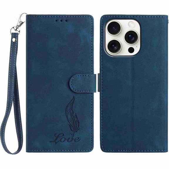 For iPhone 13 Pro Phone Case,Feather Embossed PU Leather Flip Folding Kickstand,With Card Slots,Wrist Strap,Anti-Scratch Shockproof Anti-fall Drop Protection,Thin Fit Phone Case,Darkblue
