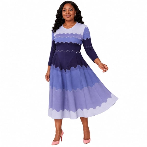 Bouncy Dress for Women Church, Pearl Midi Dress with Gradient Print, Elegant 3/4 Sleeve A-Line Swing Dress for Party, Wedding Guest & Special Occasions