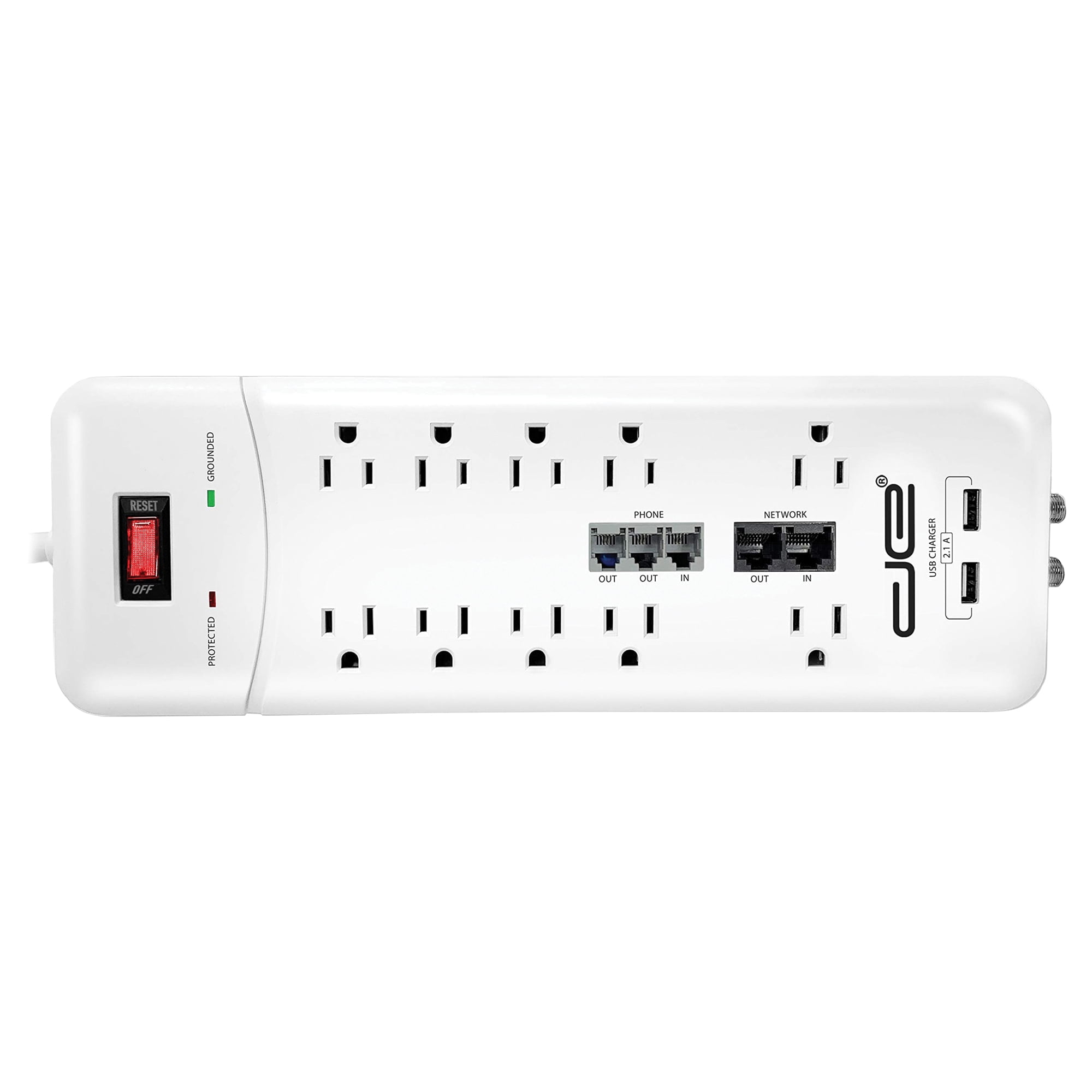 Digital Energy DSS5-1034-WHT 10-Outlet Heavy-Duty Surge Protector Power Strip with 2 USB Ports and Coaxial, Phone, and Modem Protection (White; 8-Foot Cord)