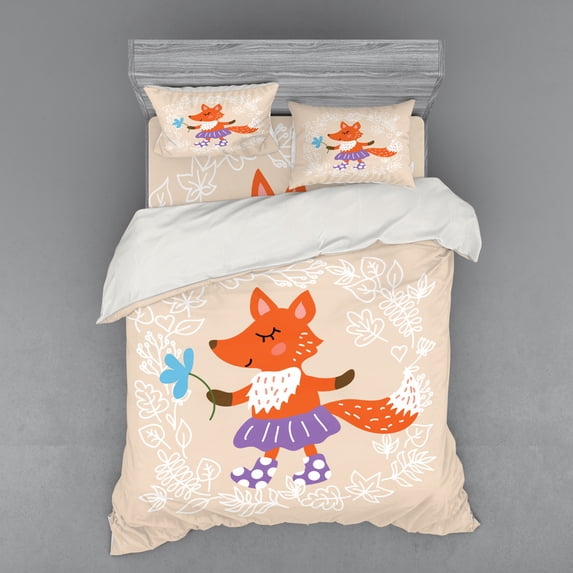 Ambesonne Retro Bedding Set 4 Pcs, Fox with Clothing Flowers, Queen, Multicolor