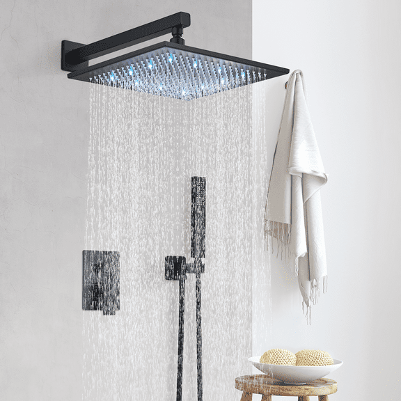Zovajonia Matte Black Shower System 16 Inches Shower Faucet Set, LED Rain Shower Head with Handheld Spray Bathroom Wall Mount Shower Fixtures