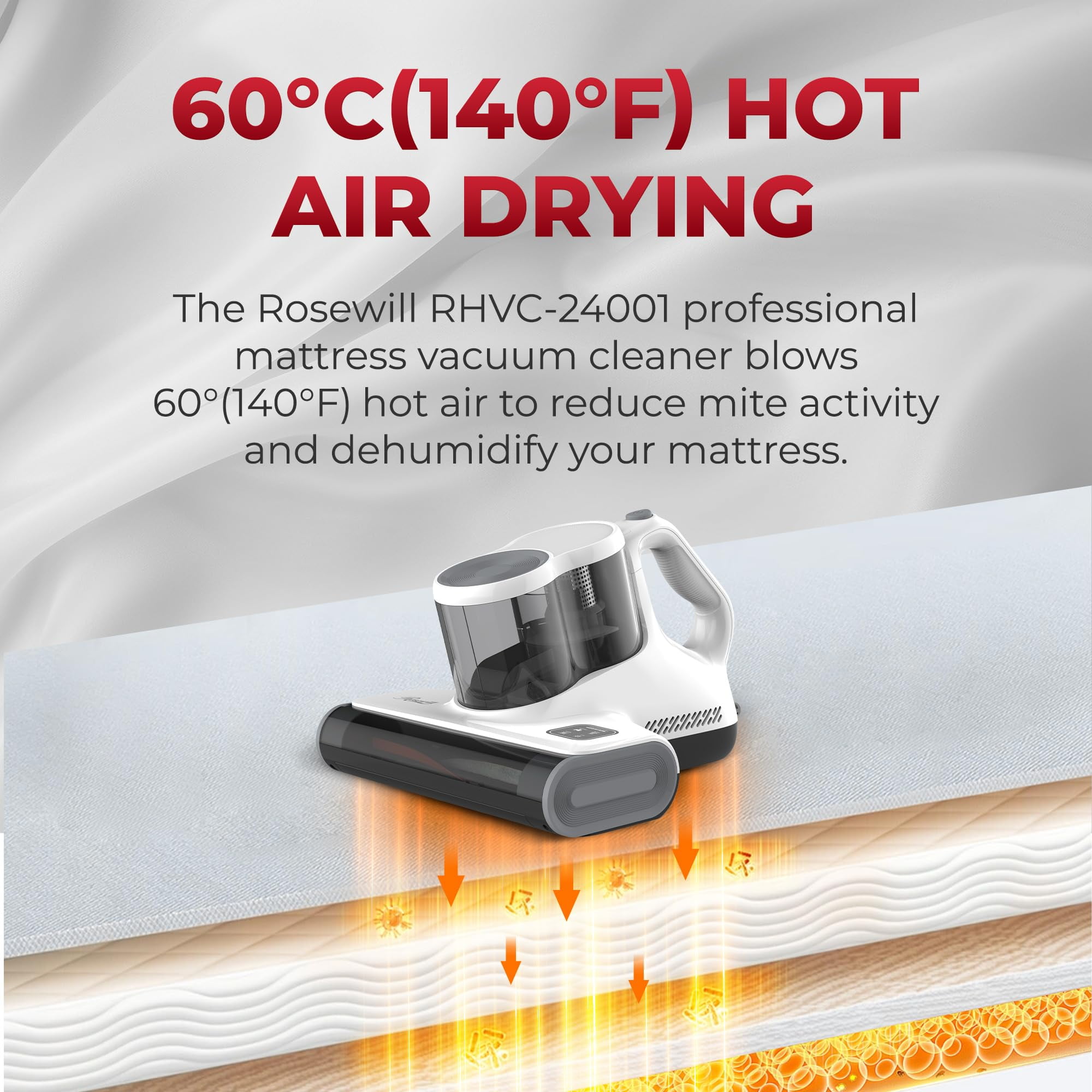 Rosewill Mattress Vacuum Cleaner: 450W 16Kpa Strong Suction, 253.7nm UV-C Light, Ultrasonic & High Heating Tech, Dual Dust Cup for Sofa/Bed/Pillow/Carpet/Pet Hair - Corded (White Grey) - RHVC-24001