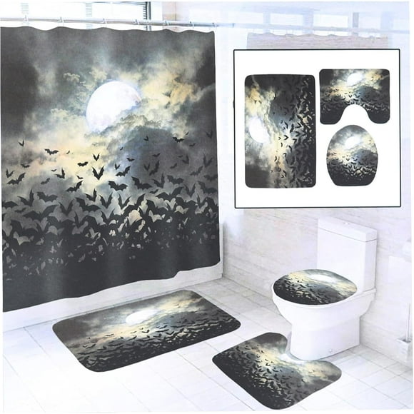 Set de baño con diseño de Halloween con diseño de murciélago rojo y luna, 4 piezas