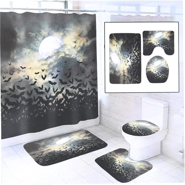 Set de baño con diseño de Halloween con diseño de murciélago rojo y luna, 4 piezas