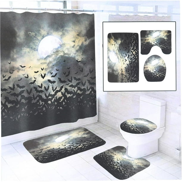 Set de baño con diseño de Halloween con diseño de murciélago rojo y luna, 4 piezas