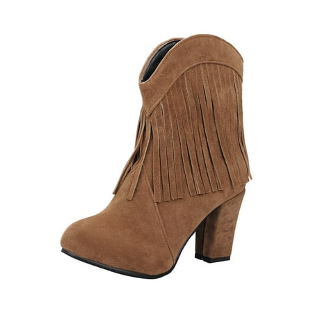 KBKYBUYZ Women Retro Shoes Casual Stylish Solid Color Fringed Suede High Heel Ankle Boots