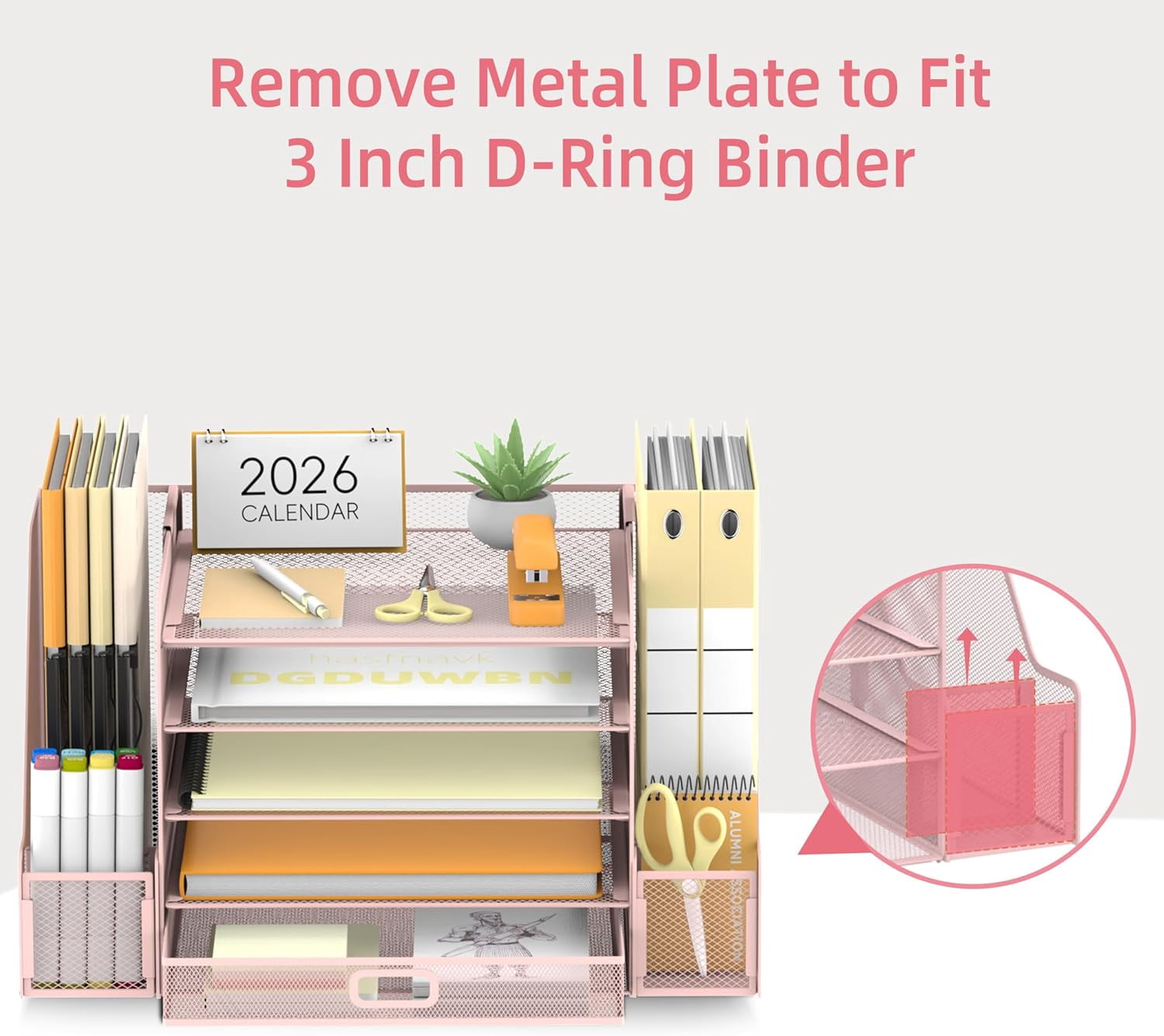 INTIGE 5-Tier Metal Mesh Desk Document Organizer with File Holder, Pen Holder and Drawer, Pink