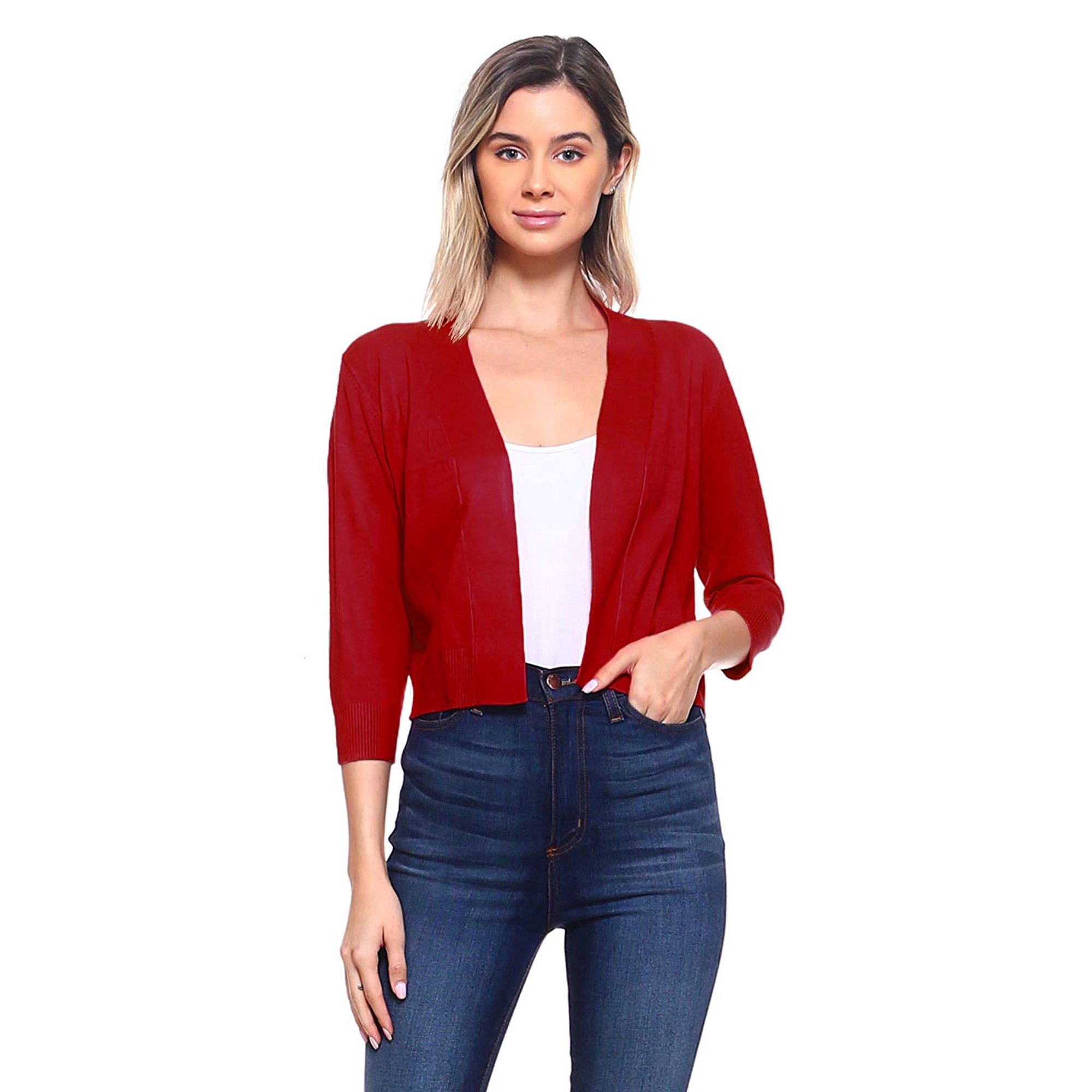 Women's Soft Solid Open Front Cropped 3/4 Sleeve Bolero Shrug Cardigan  Sweater - Walmart.com