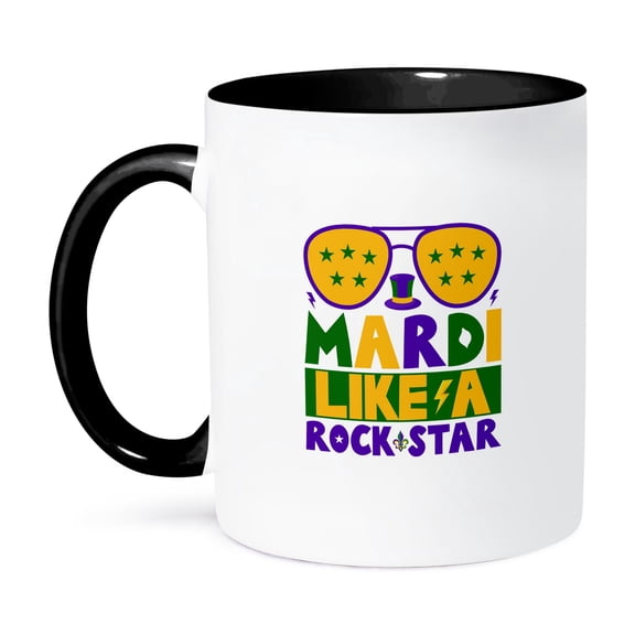 3drose, Mardi Gras like a Rock Star Stylish Text, Image of Sunglasses, Gift, 15oz Two-tone Black Mug