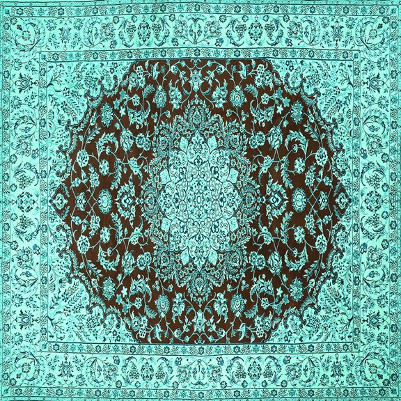 Ahgly Company Machine Washable Indoor Square Medallion Turquoise Blue Traditional Area Rugs, 3' Square
