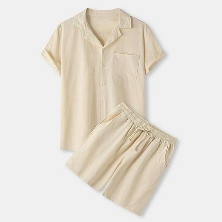

Xysaqa Mens Cotton Short Pajama Set Short Sleeve Button-Down Sleep Shirt and Shorts Linen Set for Men Comfy Loungewear