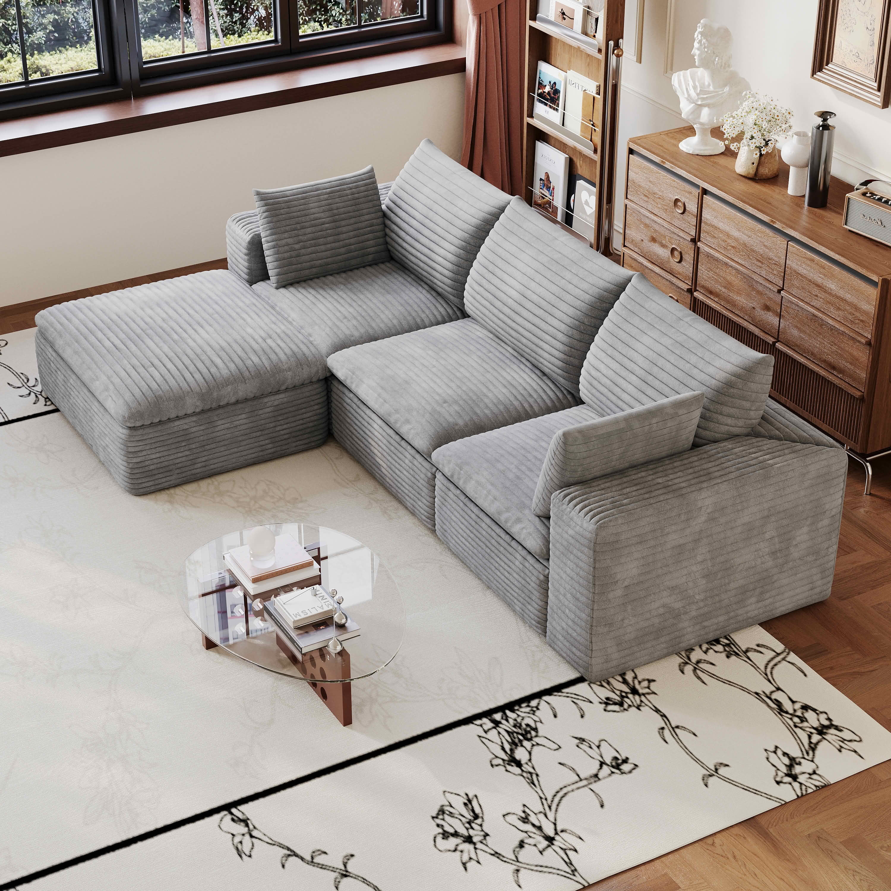 MAYEERTY 102.4 Inch Cloud Modular Sofa, Corduroy Deep‑Seat Couch with Double‑Layer Removable Cushions, No‑Assembly DIY Combination Sponge Sofa for Living Room Bedroom Conference Room Apartment