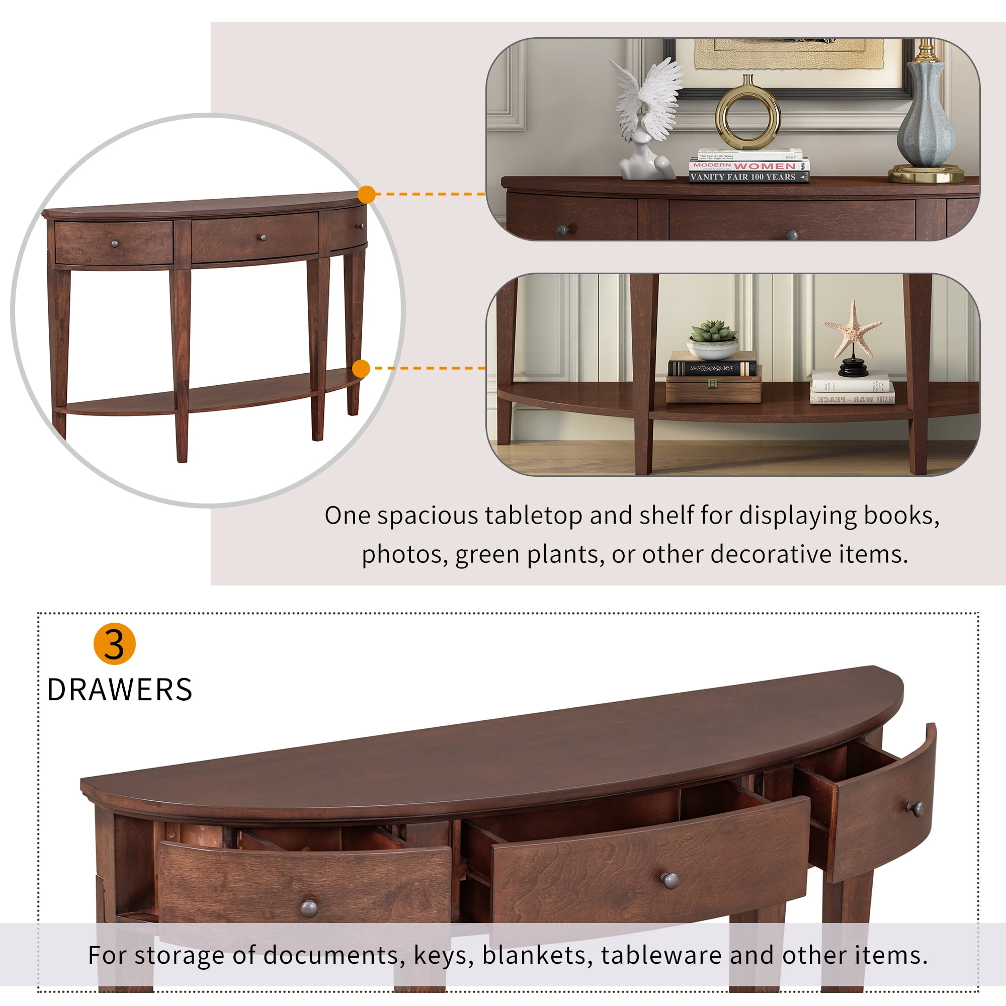 Lunale 55.1" Modern 3-drawer Curved Console Table with Storage Shelf, Sideboard Buffet Cabinet Sofa Table for Bedroom, Living Room, Brown