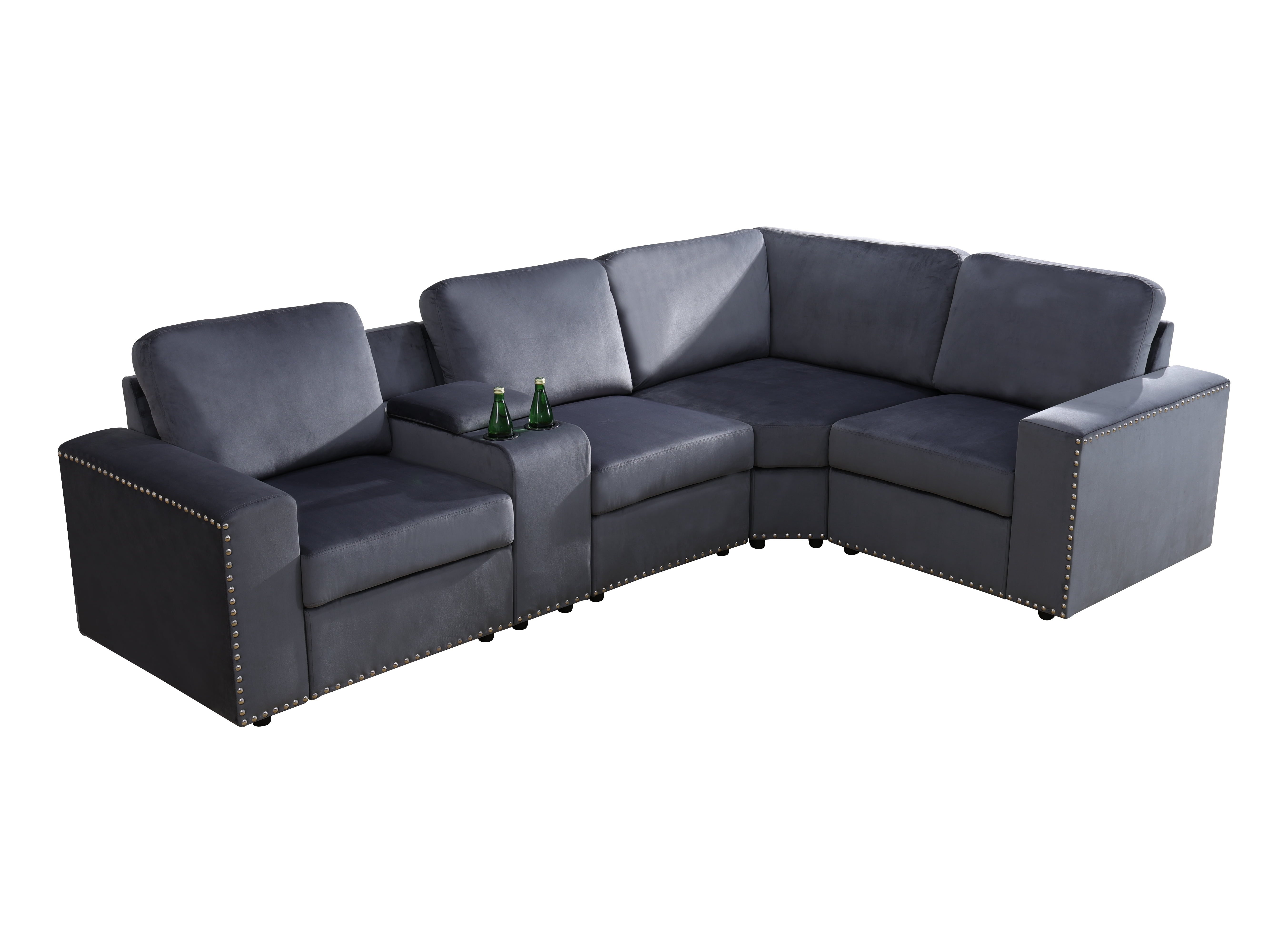Gewnee 4-Seater Dark Grey Modular Sofa with Microfiber Fabric, Solid Wood Frame, Double Springs, Storage and Cup Holder for Living Room