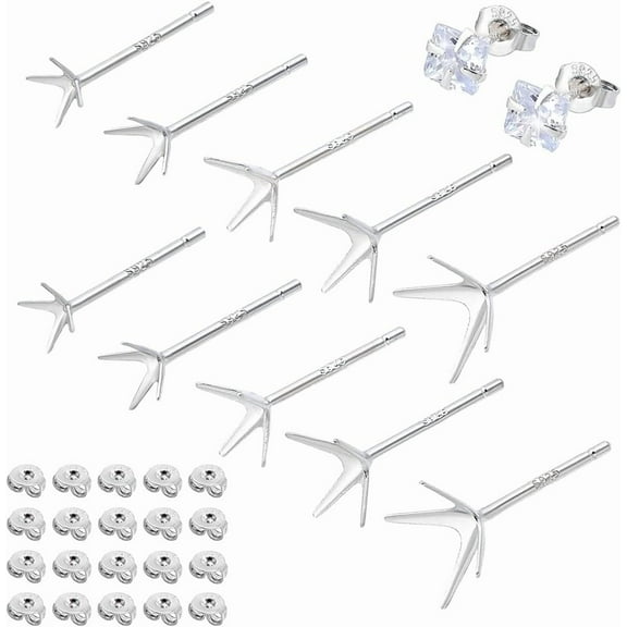 10 Pairs 5 Styles 925 Sterling Silver Ear Studs Post Studs 4-Claw Earring Blanks Prong Earring Settings Stud Earring Findings