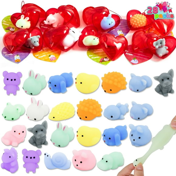 Joyfy 28 Paquets Cadeaux de la Saint-Valentin pour Enfants, Jouets Squishy Mochi Kawaii de la Saint-Valentin Anti-Stress Remplis Hearts pour Enfants Cartes d'Échange en Classe Cadeaux, Cadeaux de Fête de la Saint-Valentin