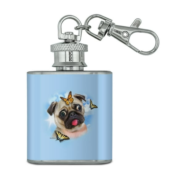 Pug Dog Butterflies Selfie Stainless Steel 1oz Mini Flask Key Chain