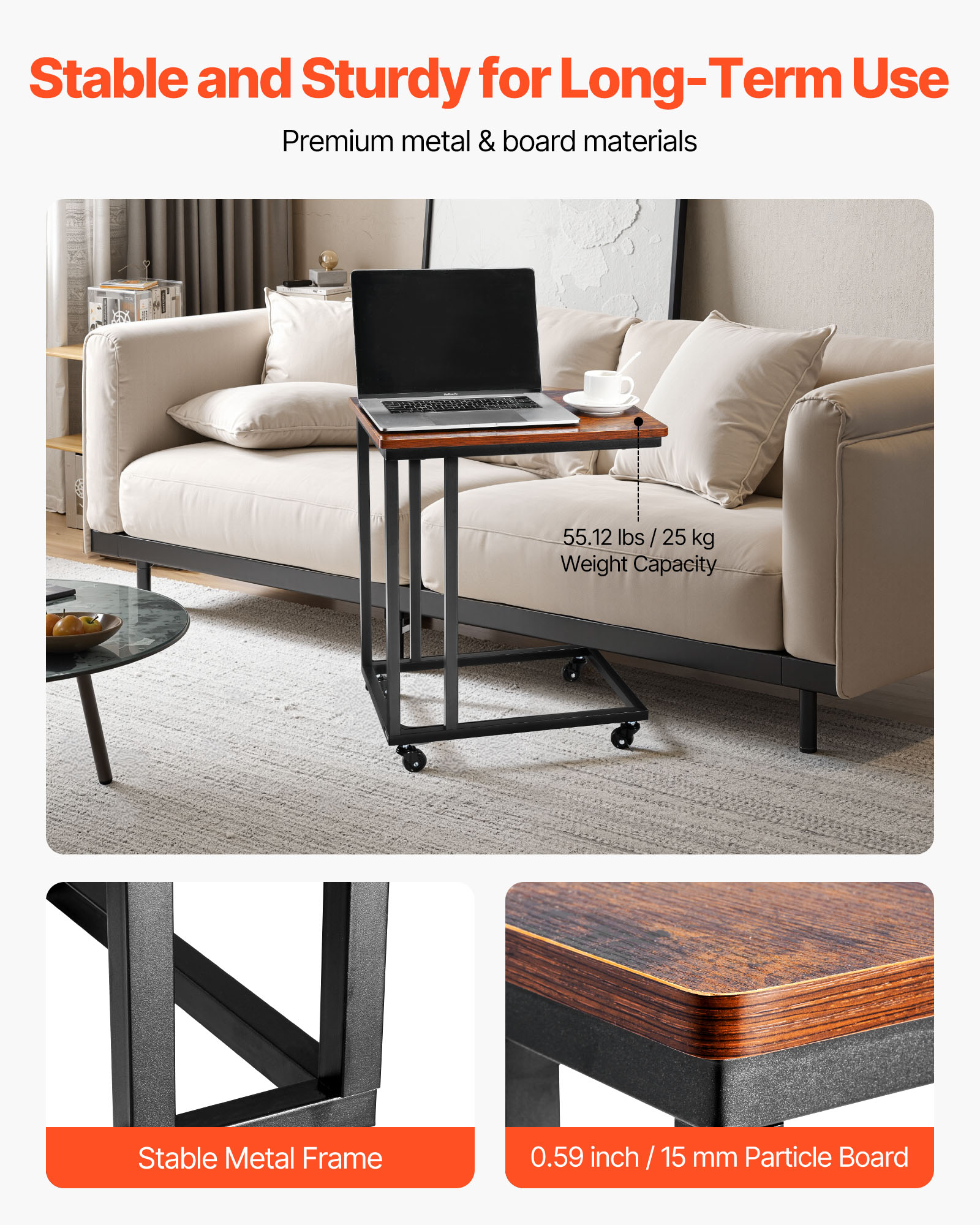 VEVOR C Table, C Shaped Sofa Side Table with Metal Frame Rolling Casters, Portable C Shaped End Stand for Living Room Bedroom Office, 19.69 x 13.78 x 23.82 inches Laptop Side Tables, Brown and Black