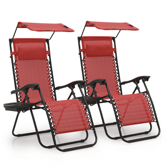 MoNiBloom Zero Gravity Chair Set of 2 with Canopy Shade, Patio Folding Anti Gravity Recliner, Foldable Outdoor Lounger with Cup Holder Tray for Beach Camping, Maroon