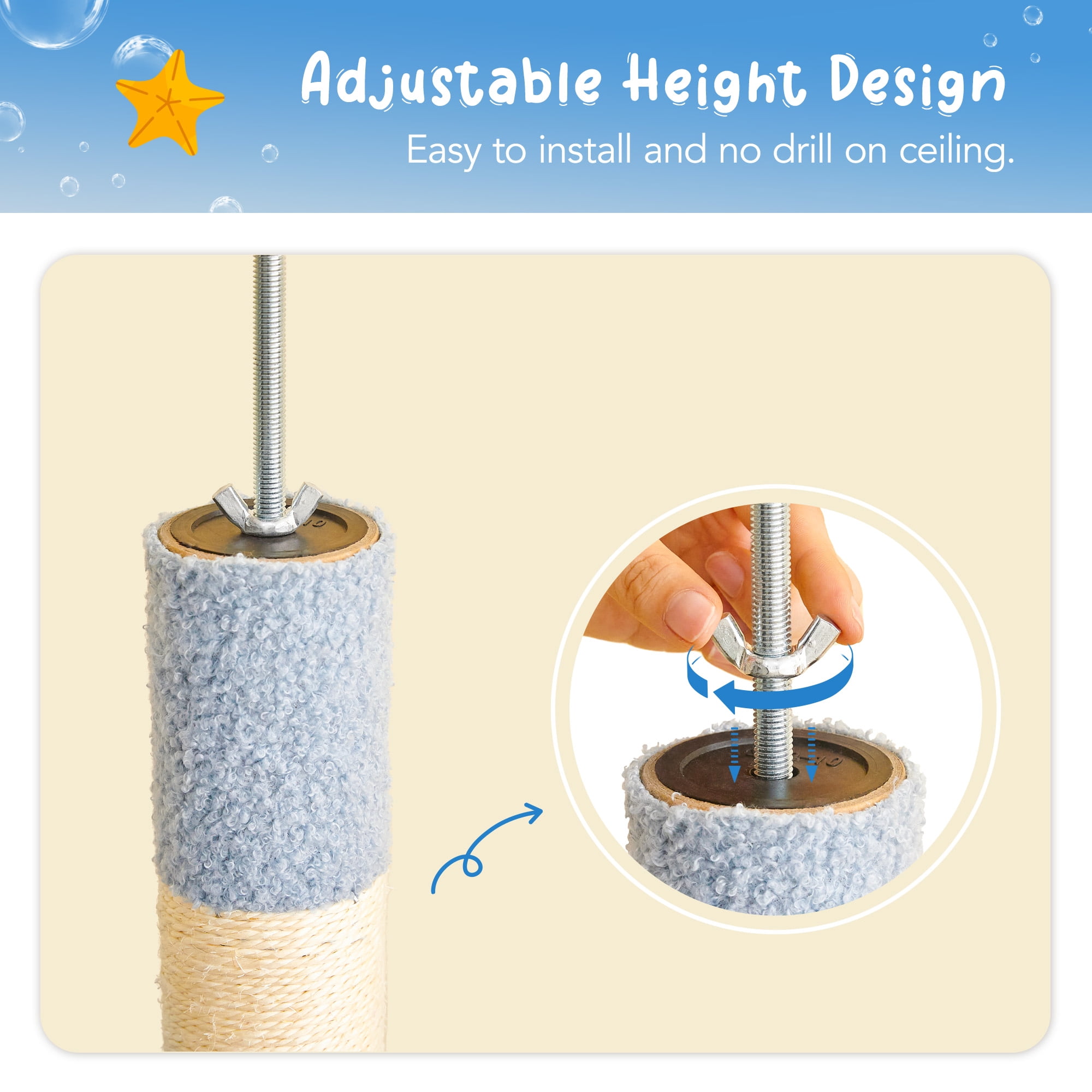 Furcato 92.1"-101.6" Adjustable Height Cat Tree, Floor to Ceiling Cat Tower, 7 Tiers Cat Climbing Tree with Hammock, Blue