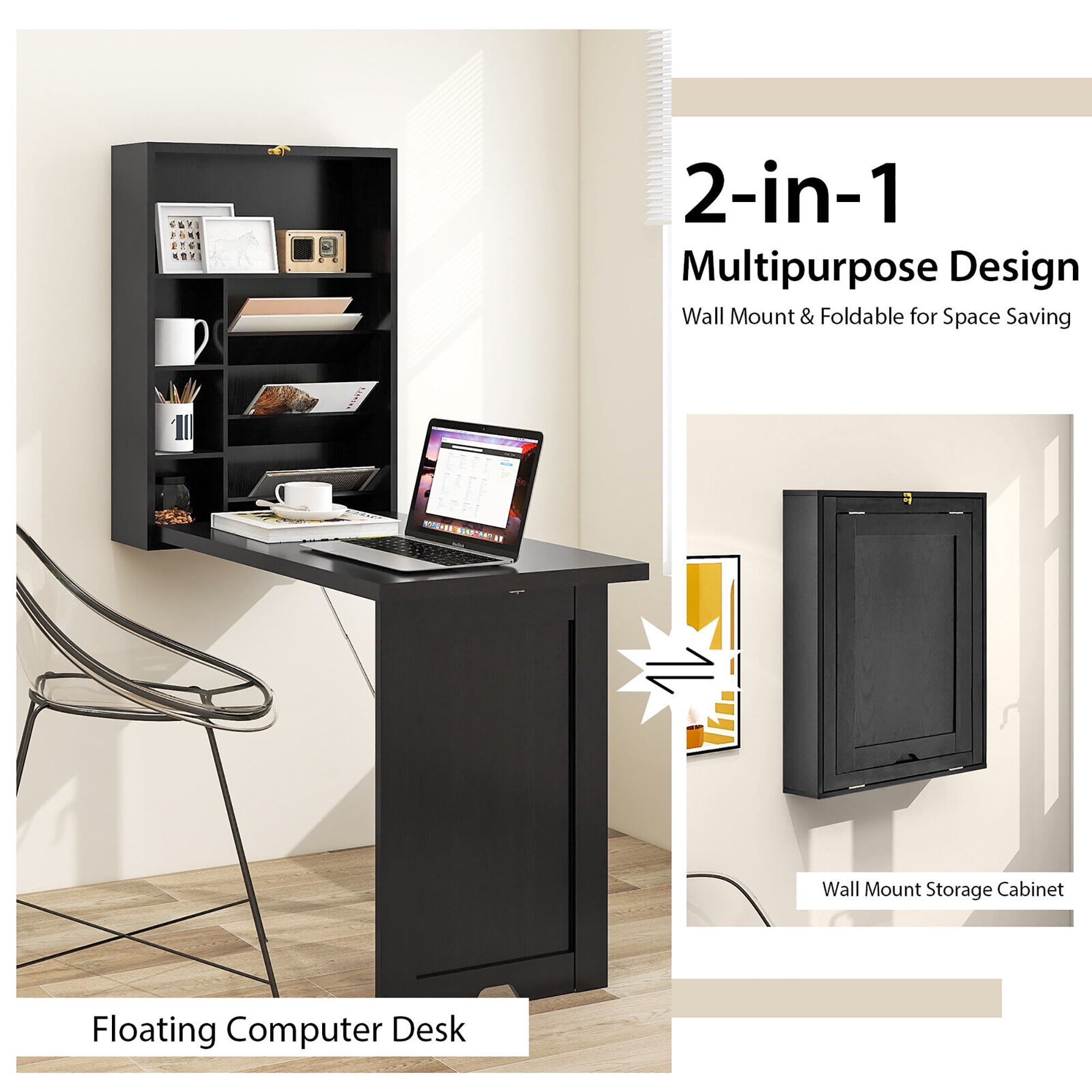 Gymax Wall Mounted Fold Out Convertible Floating Desk Space Saver Writing Table Black