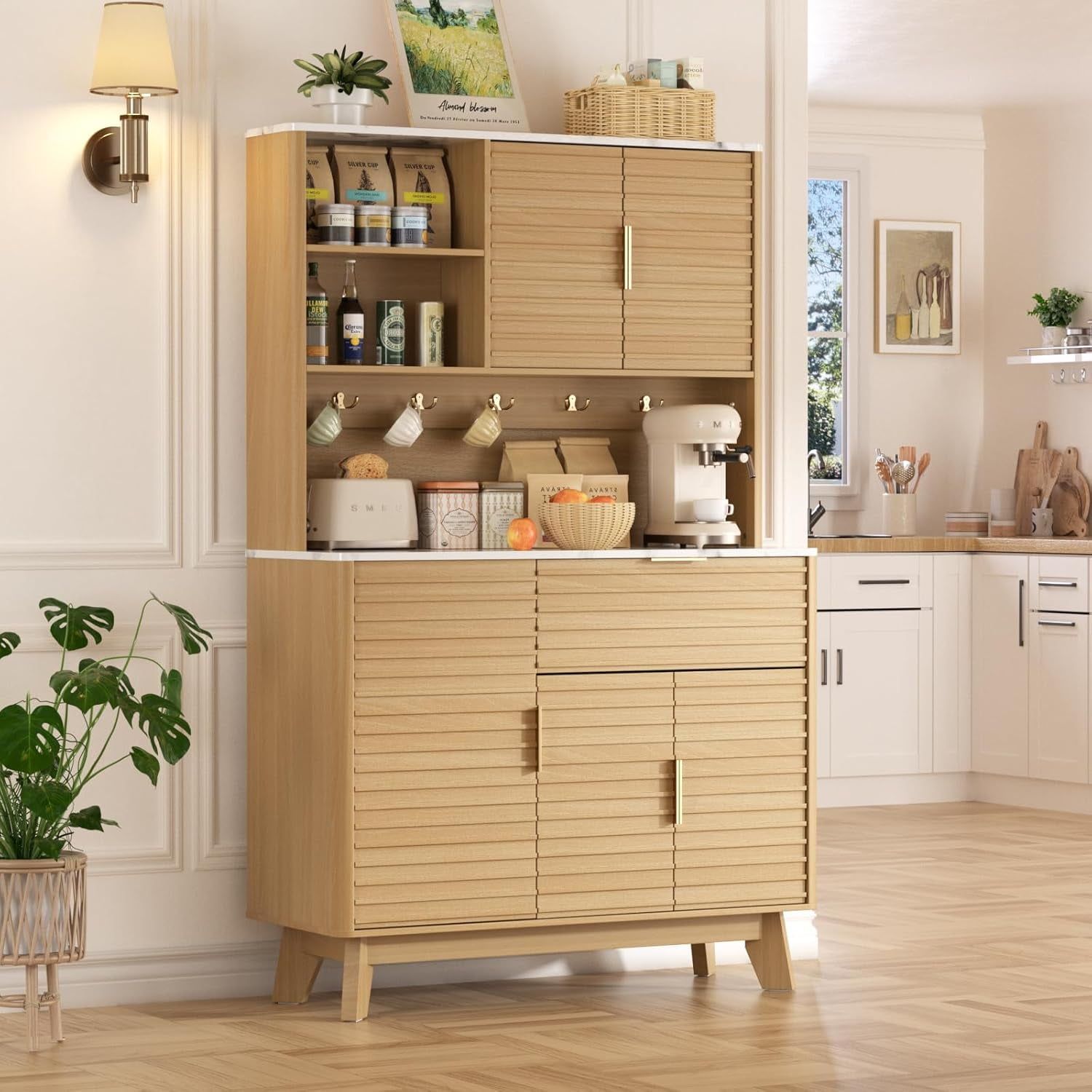 Vabches Pantry Cabinet with Fluted Kitchen Hutch and Charging Stations, Buffet Storage Cabinet with Large Countertop, Drawers & Shelves, Natural