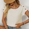 thumbnail image 5 of QQAMB T-Shirts for Women Solid Color Crewneck Hollow Out Button Loose Short Sleeve T-Shirts Tops Beige M, 5 of 7