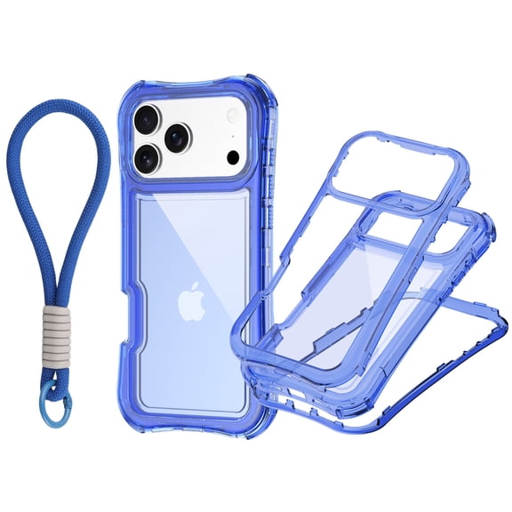 For iPhone 17 Pro Max Rubber Gel Crystal Shockproof Case, Hybrid Transparent Phone Cover with Wrist Strap TPU PC Military Grade Heavy Duty Protective Rugged Bumper For iPhone 17 Pro Max, Darkblue