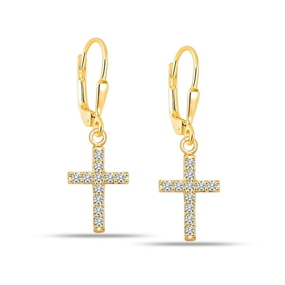 LeCalla Anti-Tarnish Sterling Silver Cubic Zirconia Cross Leverback Earrings for Women and Teen, 30MM